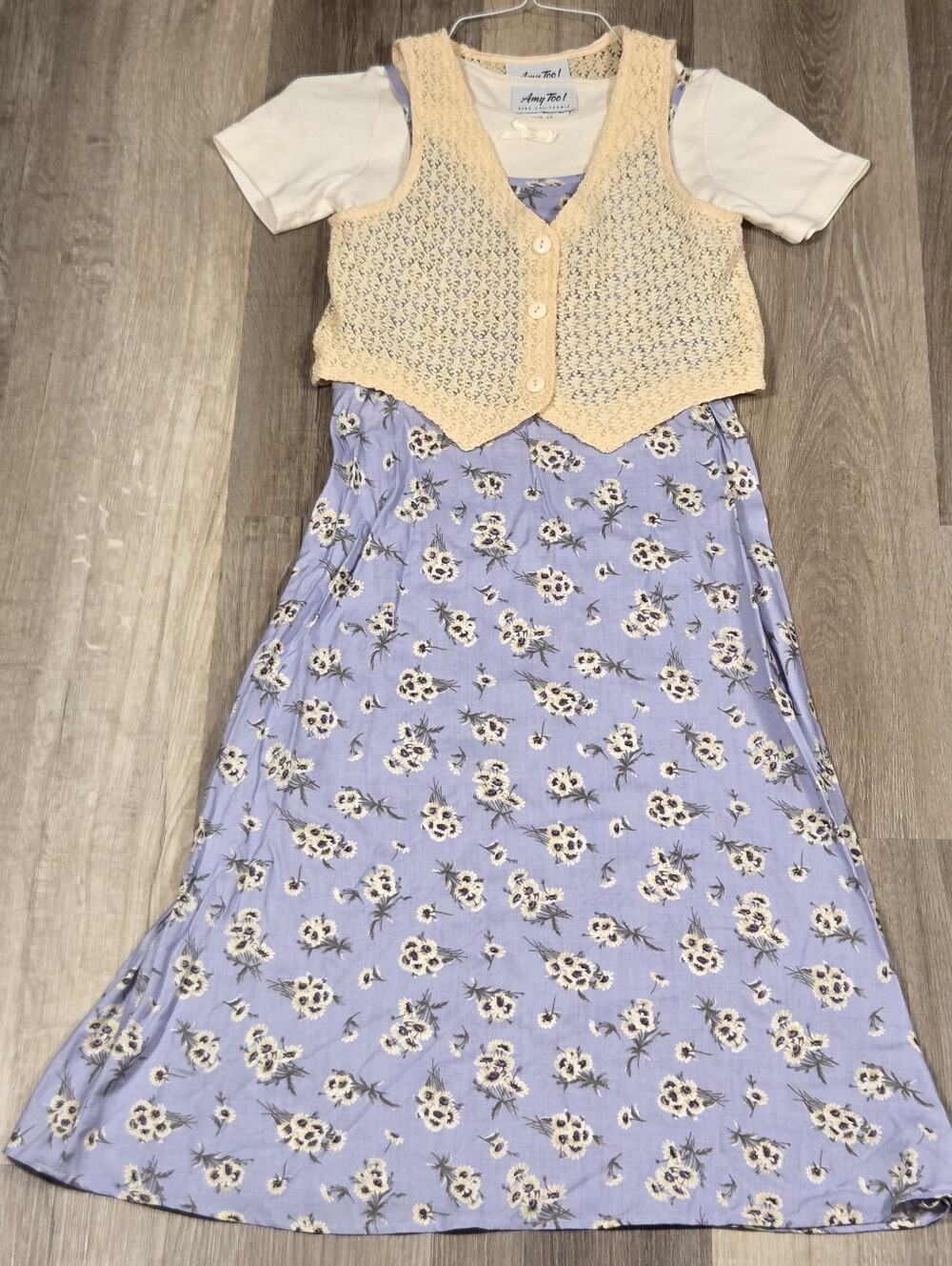 Amy Too! blue floral dress layered look white top cream knit vest SIZE 10 GIRLS
